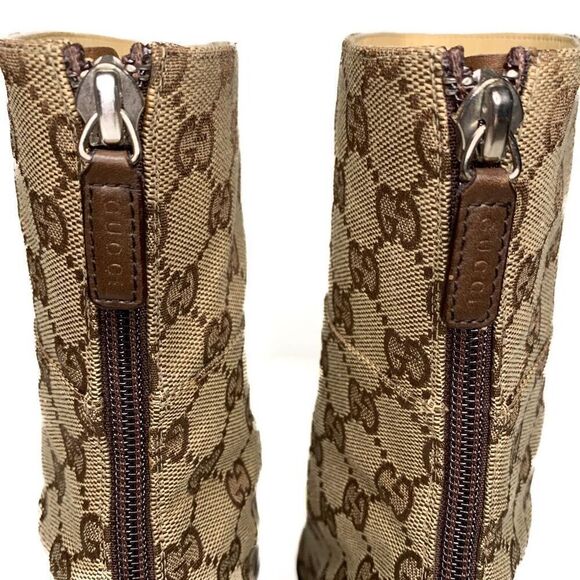 Gucci Monogram Double G Logo Canvas Calf Booties US 8 Brown Beige Supreme Heels - Picture 6 of 12